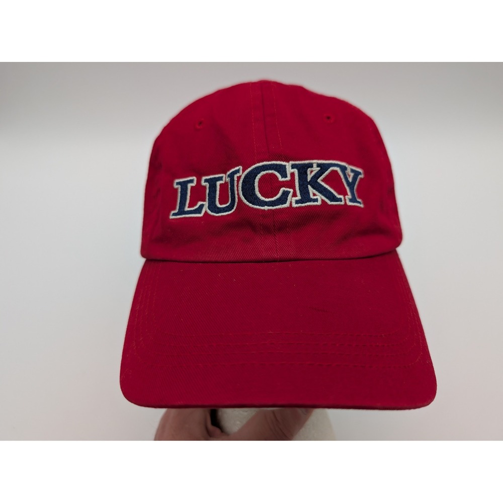 Lucky Brand Red Cotton Baseball Hat Adjustable Leather Strap Clover Logo Cap